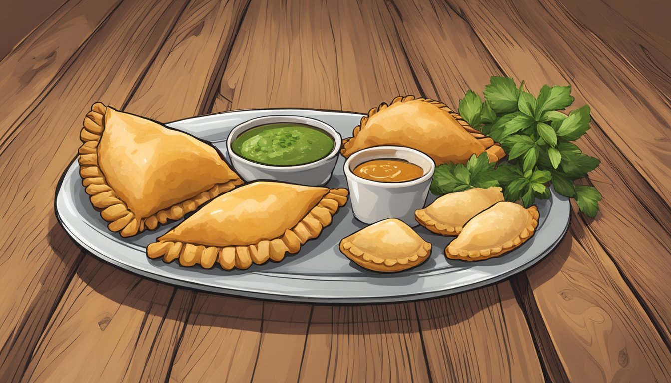 A plate of golden-brown chicken empanadas sits on a rustic wooden table, garnished with fresh herbs and accompanied by a side of tangy dipping sauce