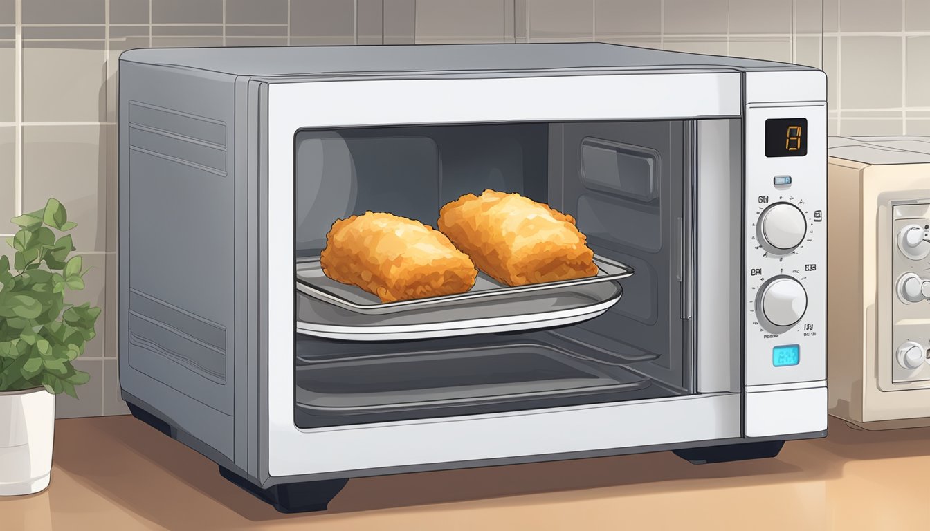 A plate of chicken egg rolls sits next to a microwave, with a timer set for reheating. Steam rises from the rolls as they warm up