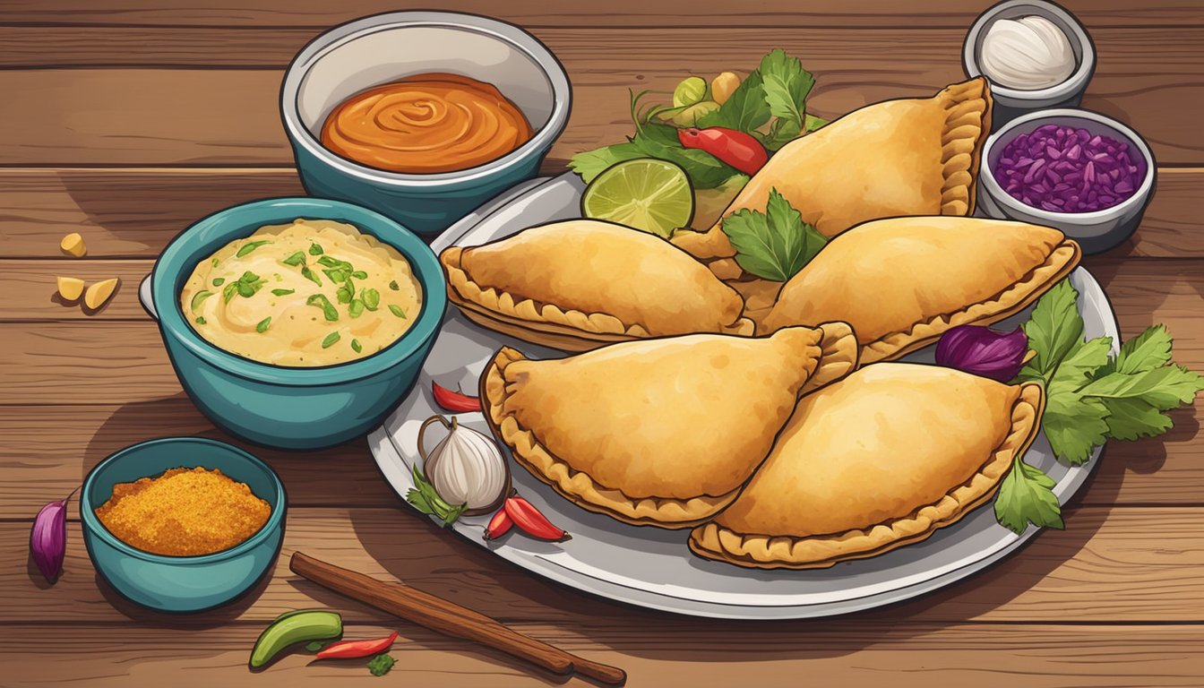 A plate of chicken empanadas sits on a wooden table, surrounded by colorful ingredients and spices. The empanadas appear fresh and inviting, ready to be enjoyed