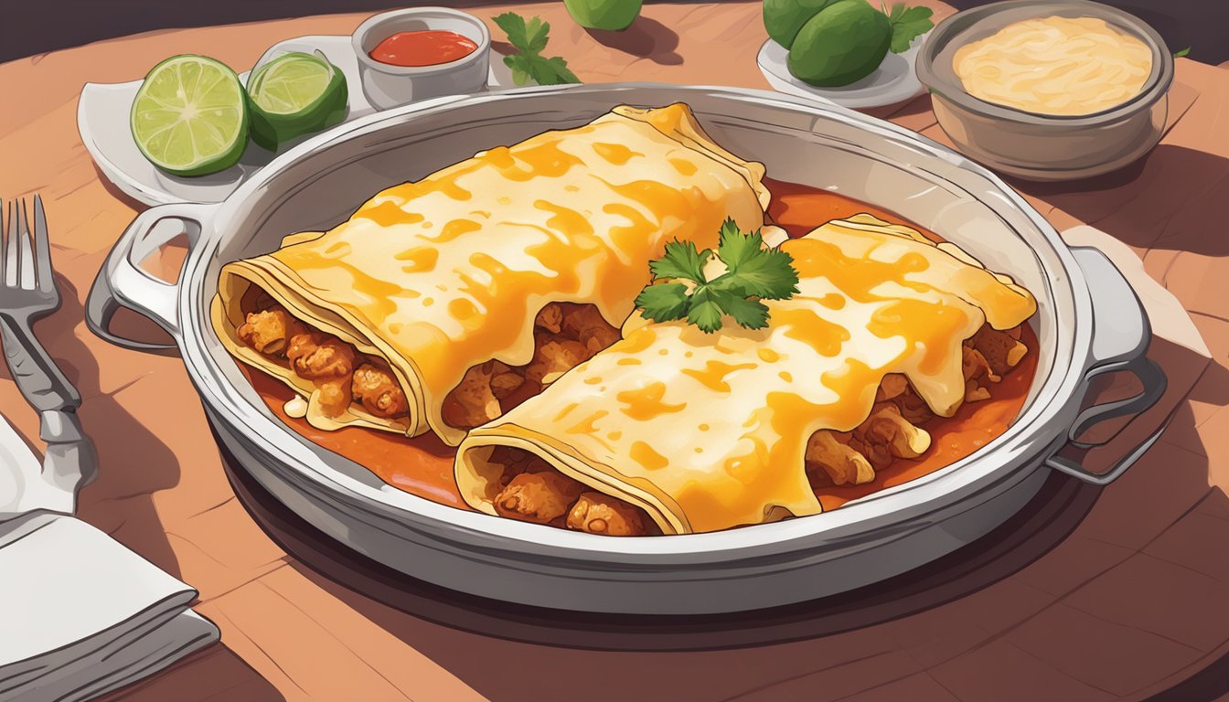 A plate of chicken enchiladas sits on a table, covered in melted cheese and red sauce. Steam rises from the dish, indicating its warmth