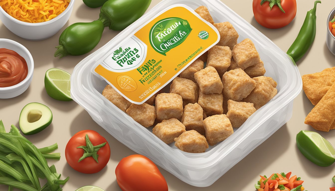 A package of chicken fajita bites sits on a kitchen counter, surrounded by a variety of fresh ingredients. The expiration date is clearly visible on the packaging