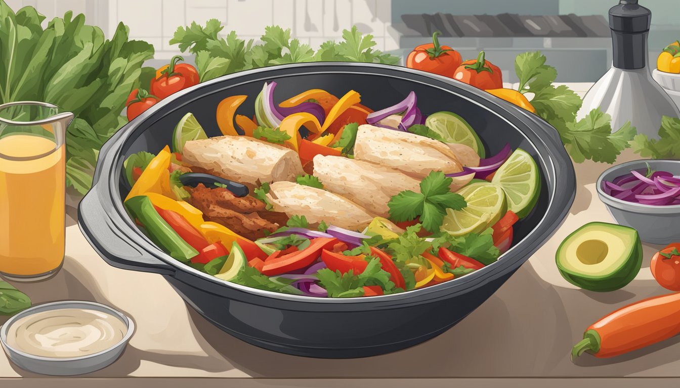 A colorful chicken fajita bowl sits on a kitchen counter, surrounded by fresh vegetables and herbs. The bowl is covered with a clear lid to maintain its freshness