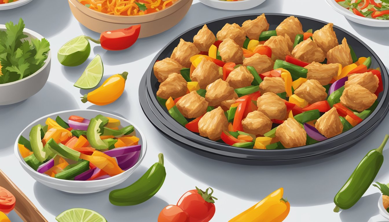 A plate of chicken fajita bites sits on a clean, white counter. The bites are arranged neatly and surrounded by colorful vegetables. The plate is covered with a clear lid to maintain freshness