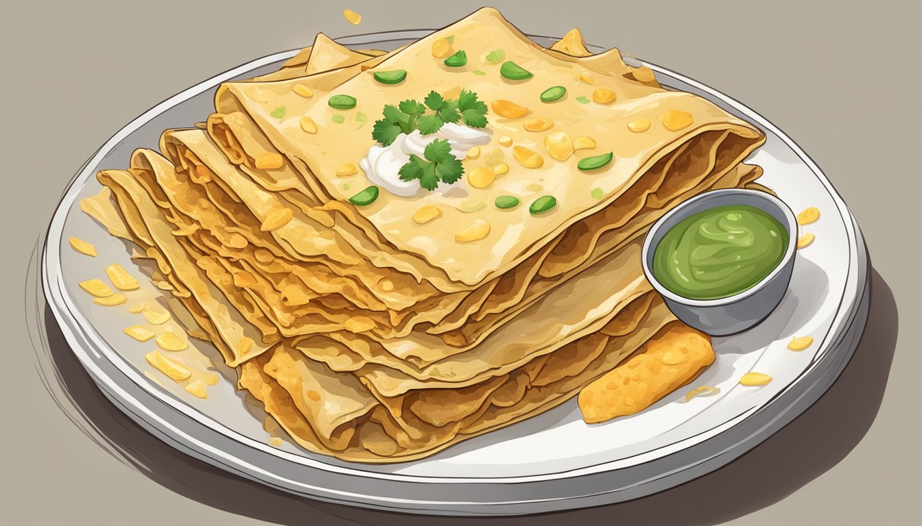 A stack of chicken enchiladas on a plate, surrounded by a variety of indicators for spoilage, such as mold, discoloration, and foul odor