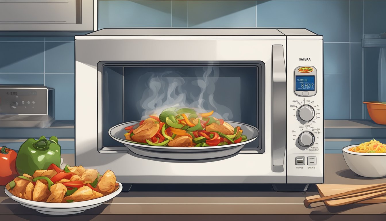 A microwave with a plate of chicken fajita bowls inside, steam rising as the food heats up