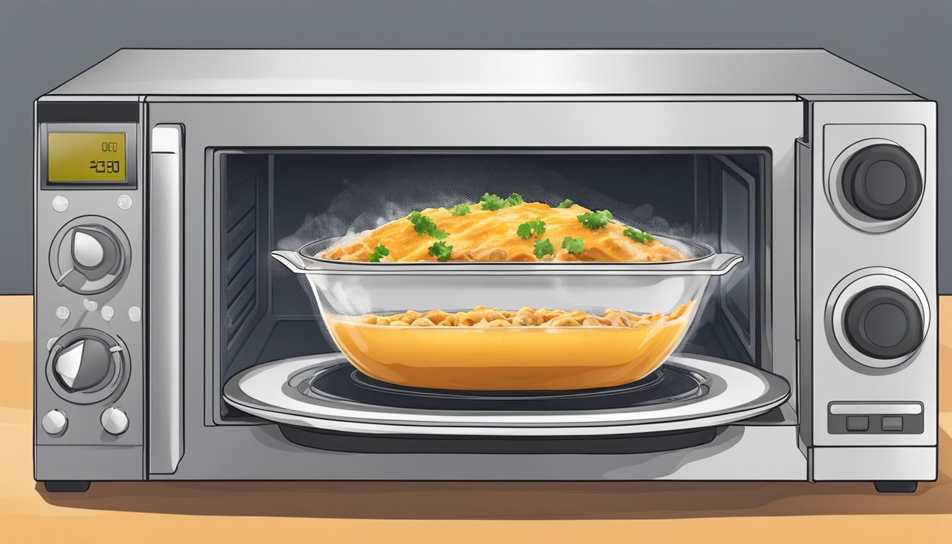 A plate of chicken enchiladas is being reheated in the microwave. The steam rises from the dish as it rotates on the turntable