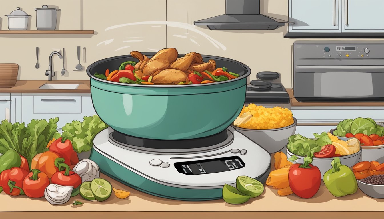 A kitchen counter with a chicken fajita bowl surrounded by fresh ingredients and a digital timer indicating the time remaining until the meal expires