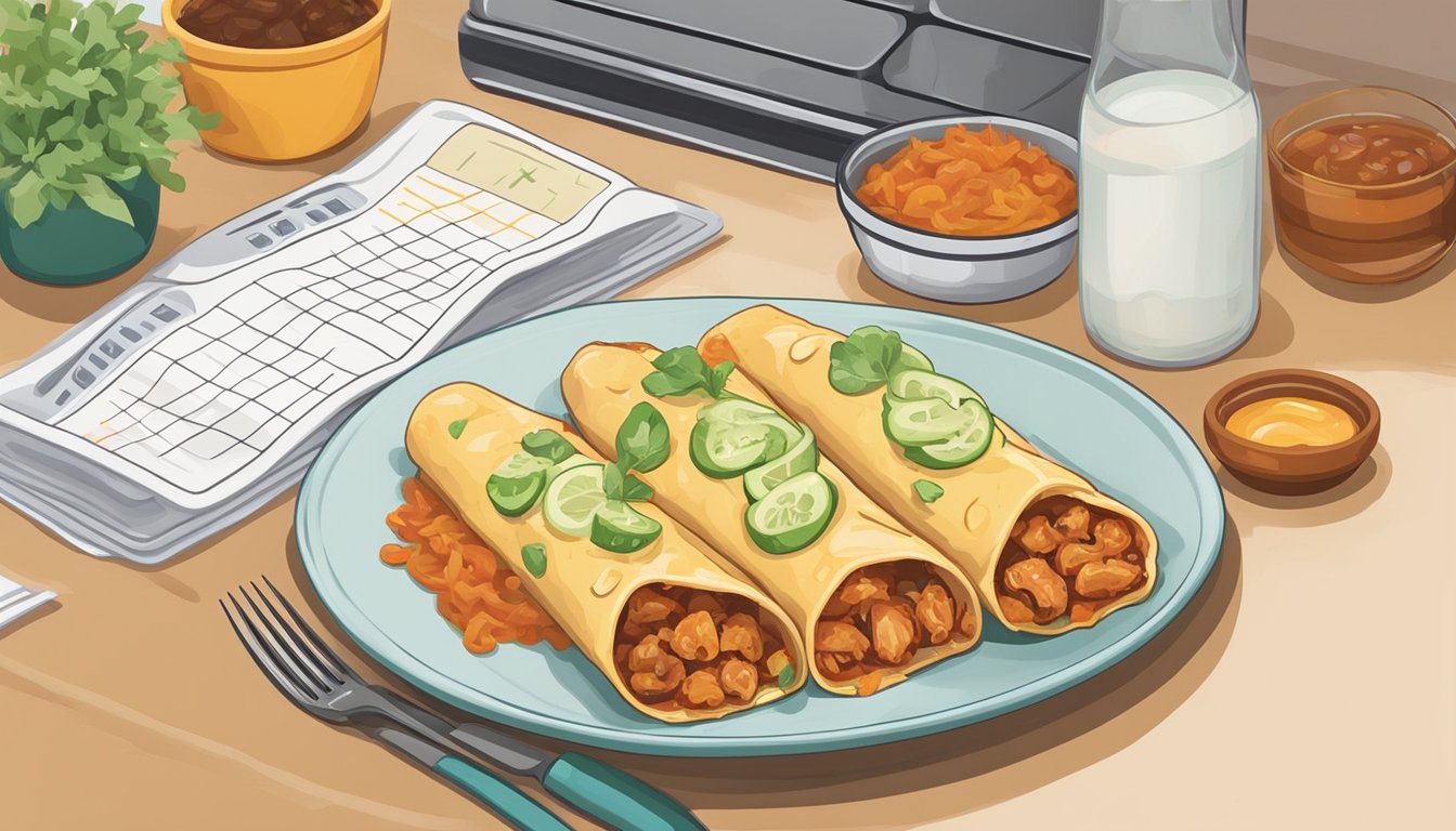 A plate of chicken enchiladas next to a calendar with dates crossed off. A container of leftover enchiladas sits in the fridge