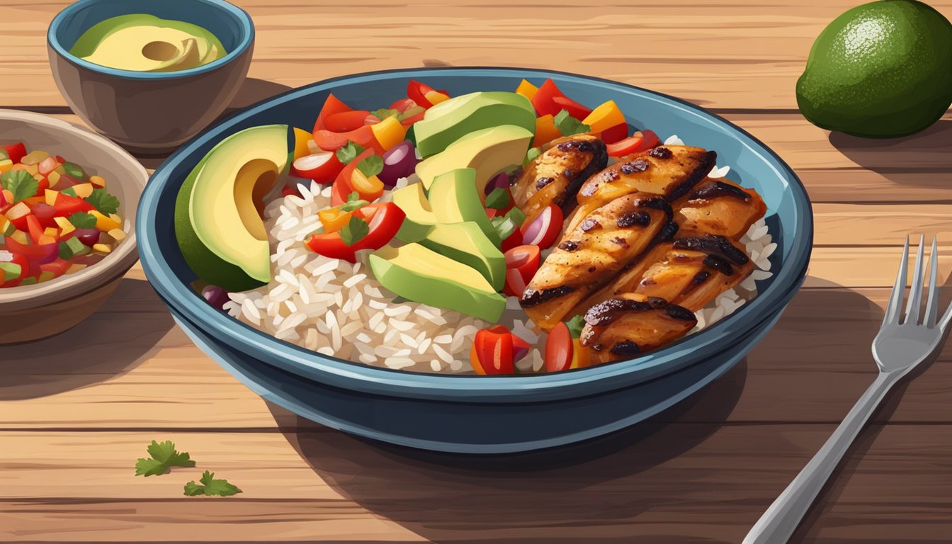 A colorful bowl filled with grilled chicken, sautéed peppers and onions, rice, and beans, topped with fresh salsa and avocado slices, sitting on a rustic wooden table