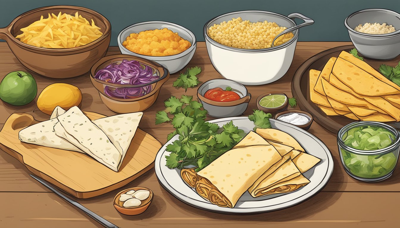 A kitchen counter with various ingredients: chicken, tortillas, cheese, and spices. A cookbook open to a recipe for chicken flautas