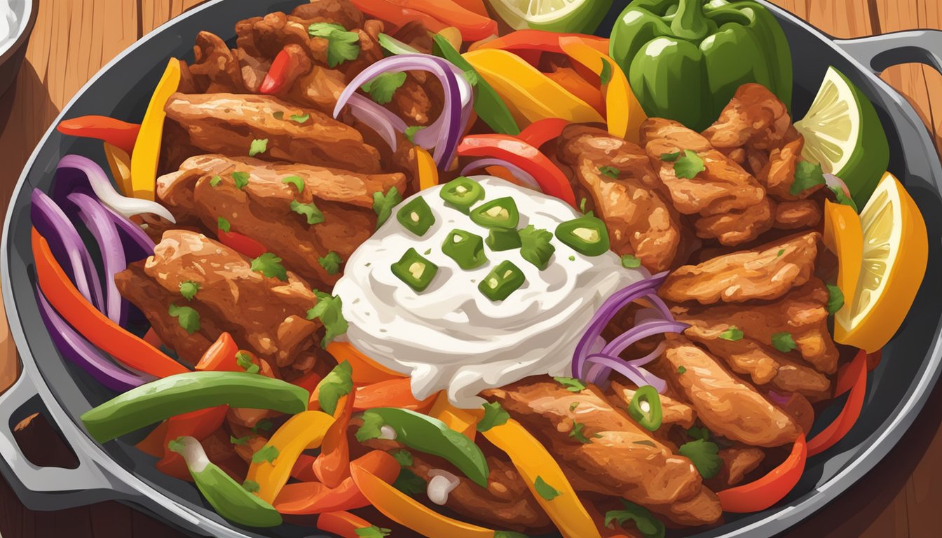 Sizzling chicken fajitas on a hot skillet, surrounded by colorful bell peppers and onions, with a side of warm tortillas and a dollop of sour cream