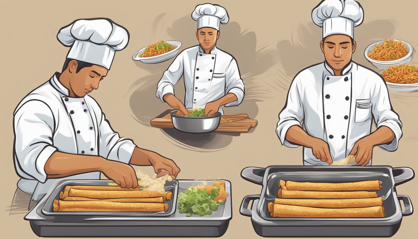 A chef prepares and cooks chicken flautas, rolling and frying them until golden brown