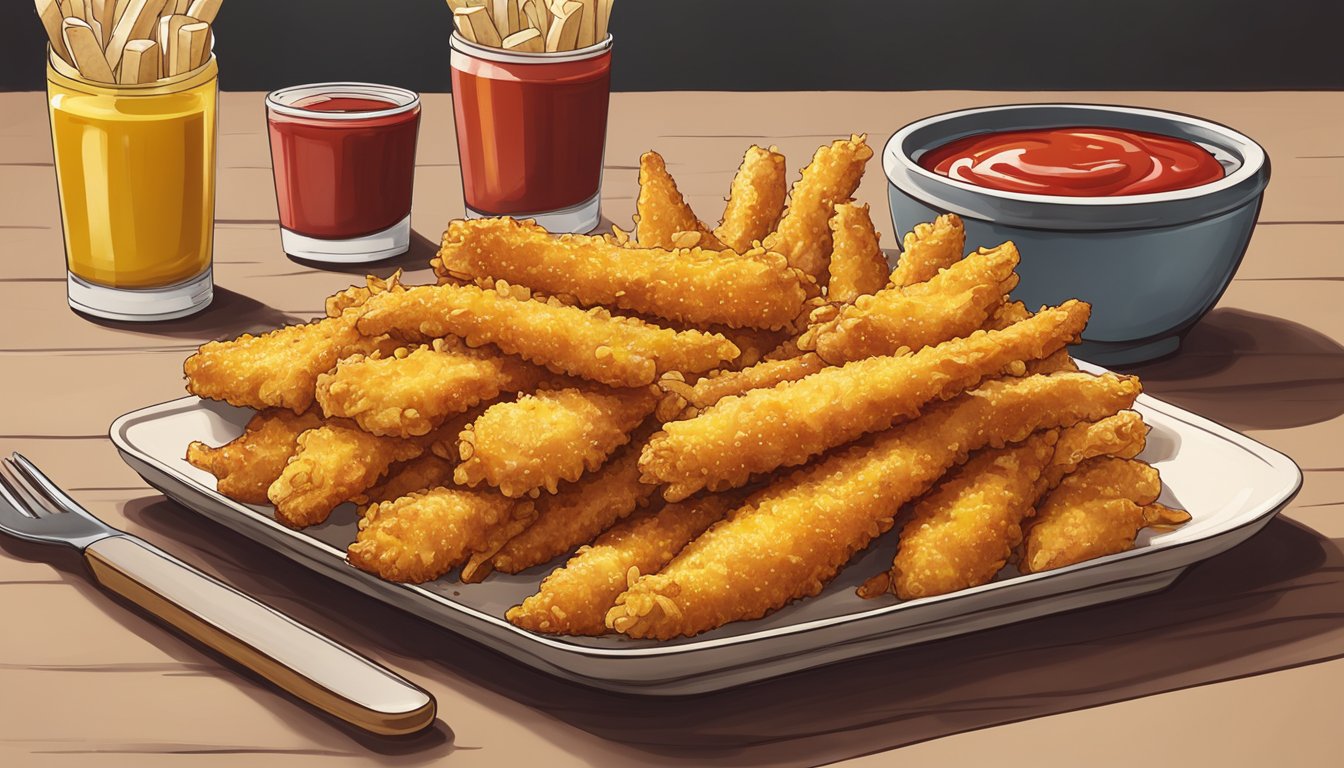 A plate of chicken fries sits on a table, surrounded by ketchup and mustard. The fries are golden brown and crispy, with steam rising from them