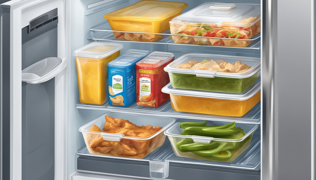 Airtight containers holding cooked chicken fajitas in the refrigerator, with a visible date label