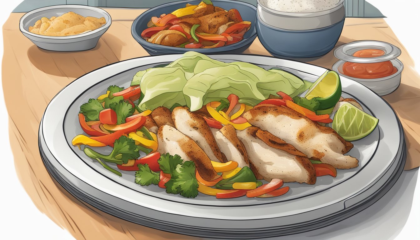 A plate of chicken fajitas left out on the counter, with mold beginning to form on the meat and vegetables