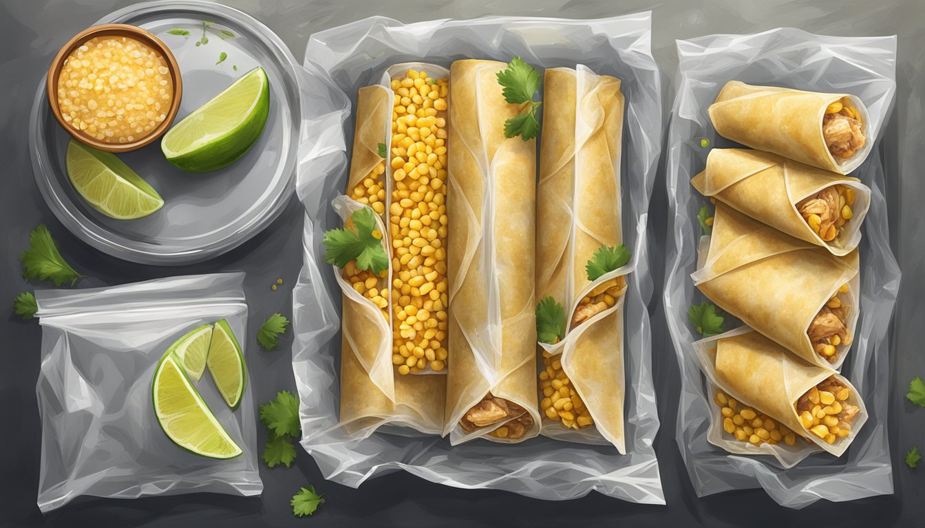 A batch of chicken flautas wrapped in corn tortillas, arranged on a baking sheet, covered in plastic wrap, and placed in the freezer