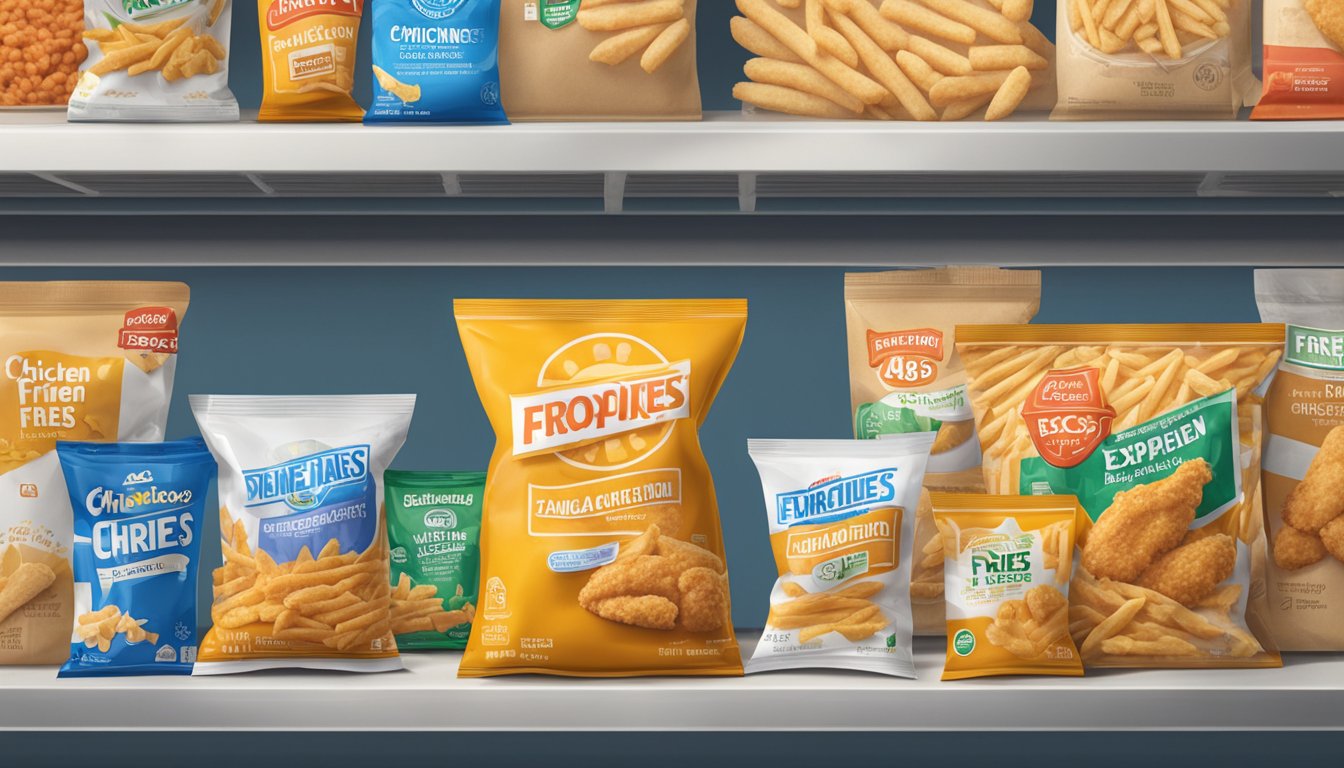 A sealed bag of chicken fries sits on a shelf, surrounded by other frozen foods. The expiration date is clearly visible, indicating the length of freshness