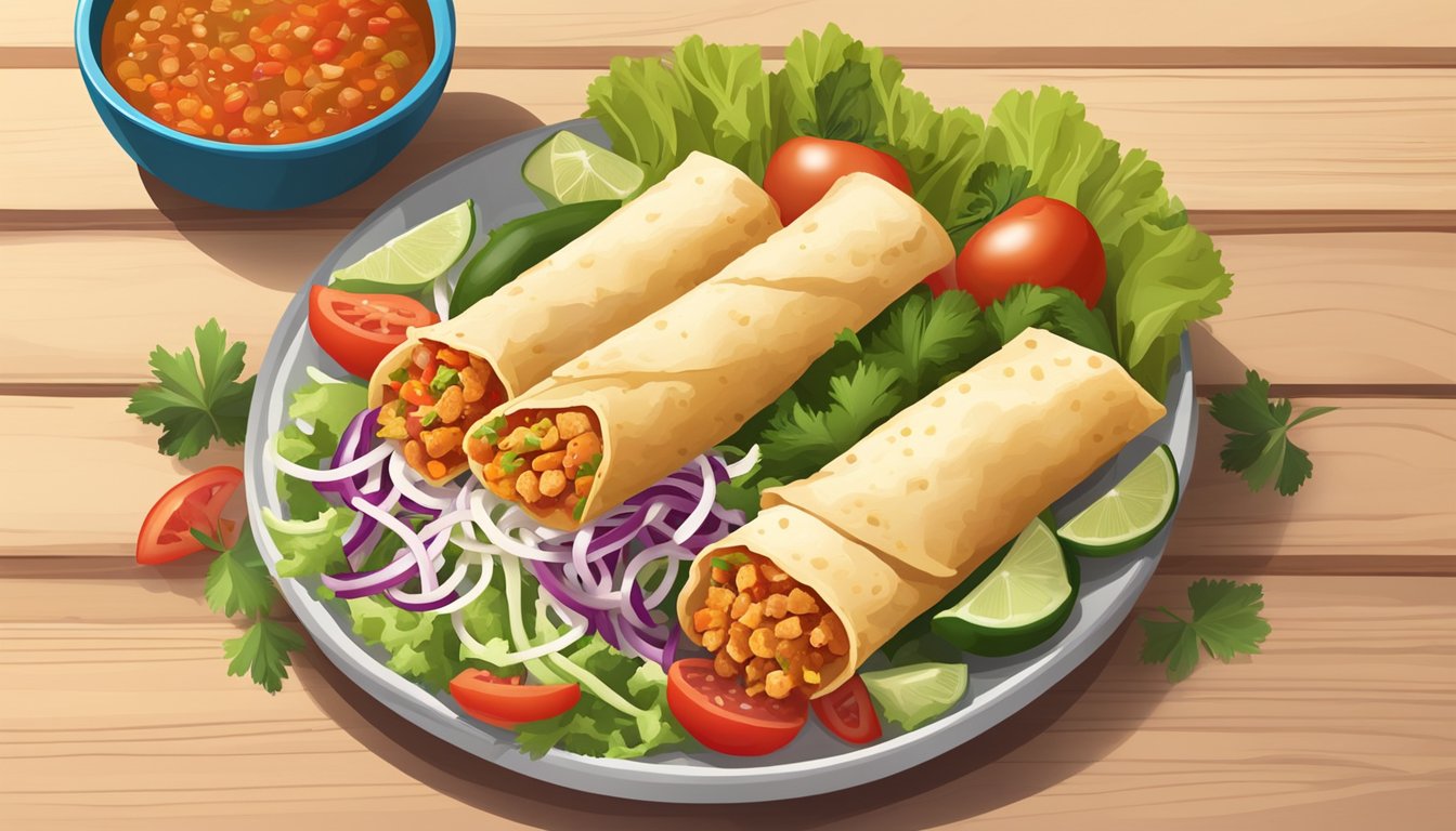 A plate of chicken flautas sits on a wooden table, surrounded by colorful vegetables and a side of salsa