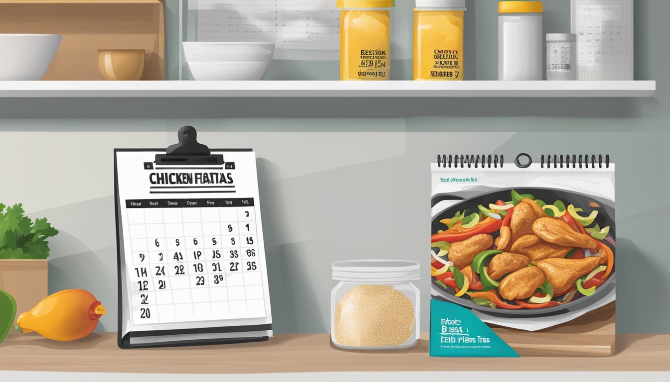 A package of chicken fajitas sits on a kitchen shelf, next to a calendar showing the current date and a "best by" date label