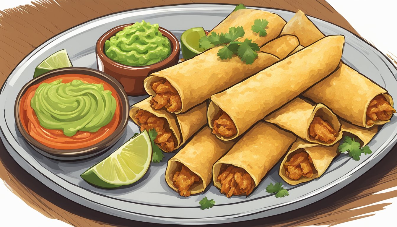 A plate of crispy golden flautas, filled with seasoned shredded chicken, accompanied by a side of fresh guacamole and salsa