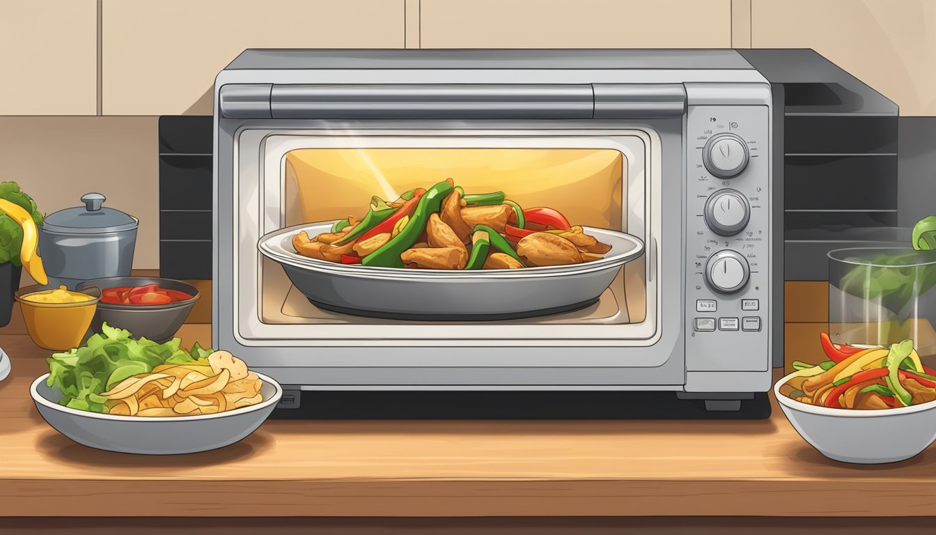 A plate of chicken fajitas sits in a microwave, the timer set for two minutes. Steam rises as the food heats up