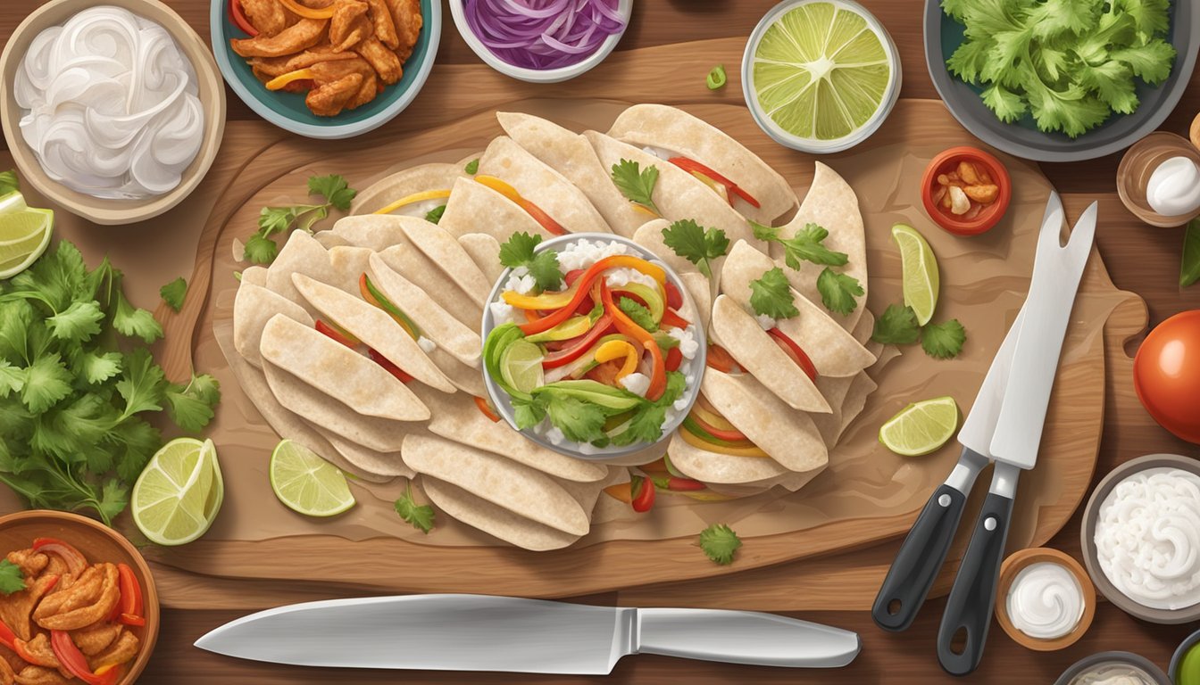 A package of frozen chicken fajitas sits on a clean cutting board, surrounded by various kitchen utensils and ingredients