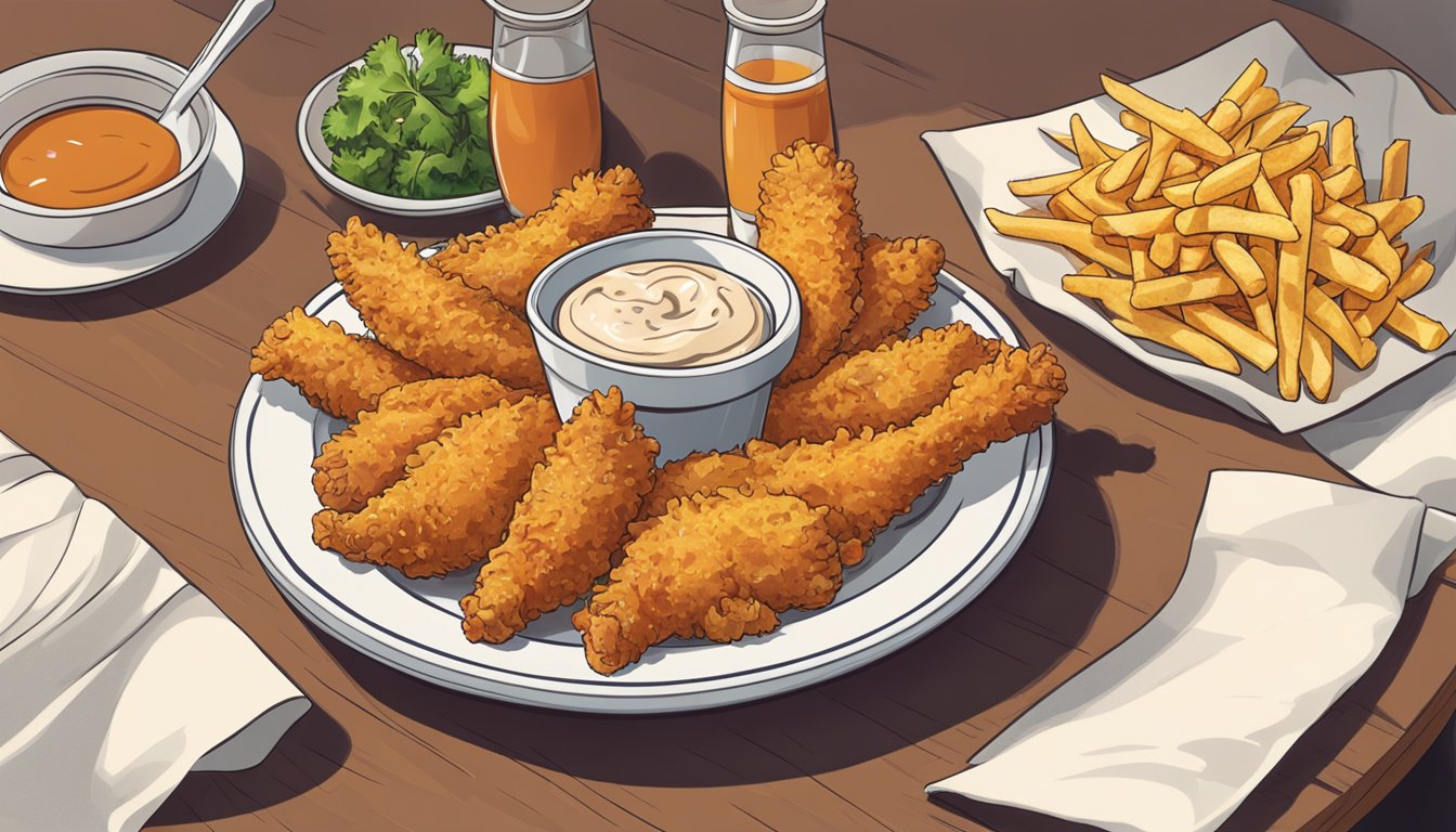 A plate of Chicken Fries sits on a table, surrounded by a napkin and a dipping sauce