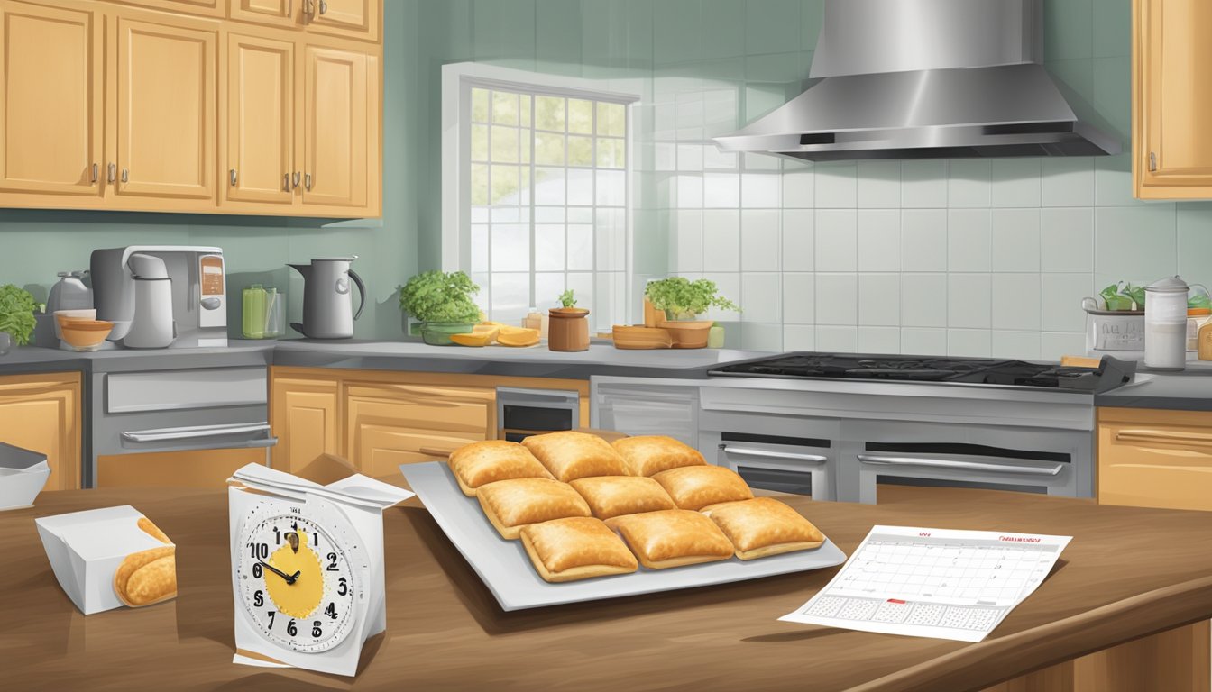 A kitchen counter with a box of chicken hot pockets, a clock showing the current time, and a calendar with the expiration date circled