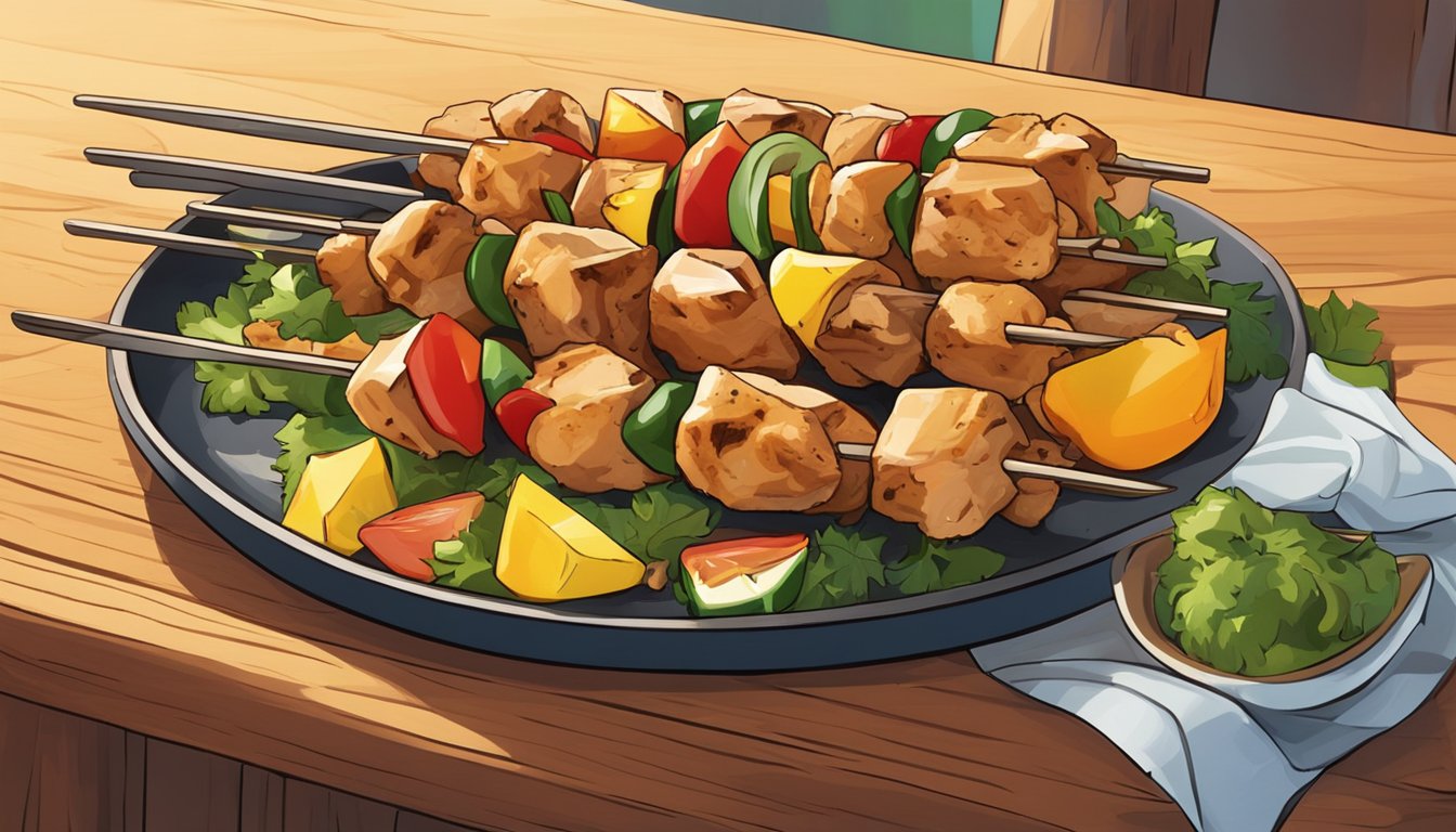 A plate of chicken kebabs arranged with colorful garnishes, on a wooden serving platter. A pair of tongs rests nearby