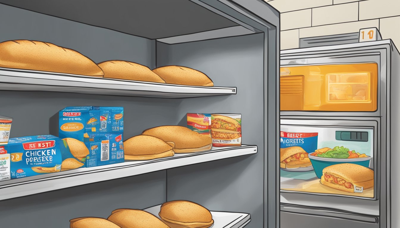 A box of chicken hot pockets sits on a shelf with a "best by" date clearly visible. A refrigerator thermometer hangs nearby