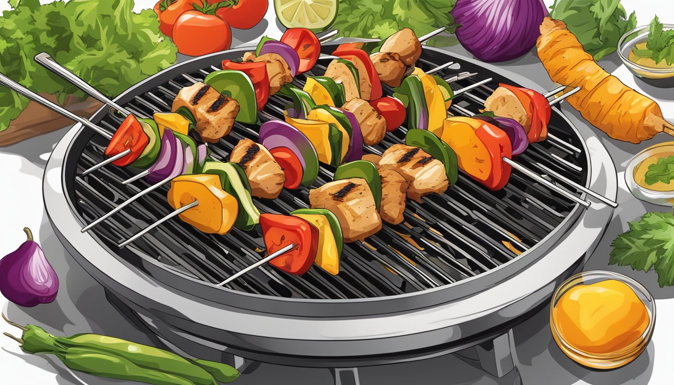 A plate of chicken kebabs sits on a grill, surrounded by colorful vegetables. The kebabs are sizzling as they cook, emitting a delicious aroma