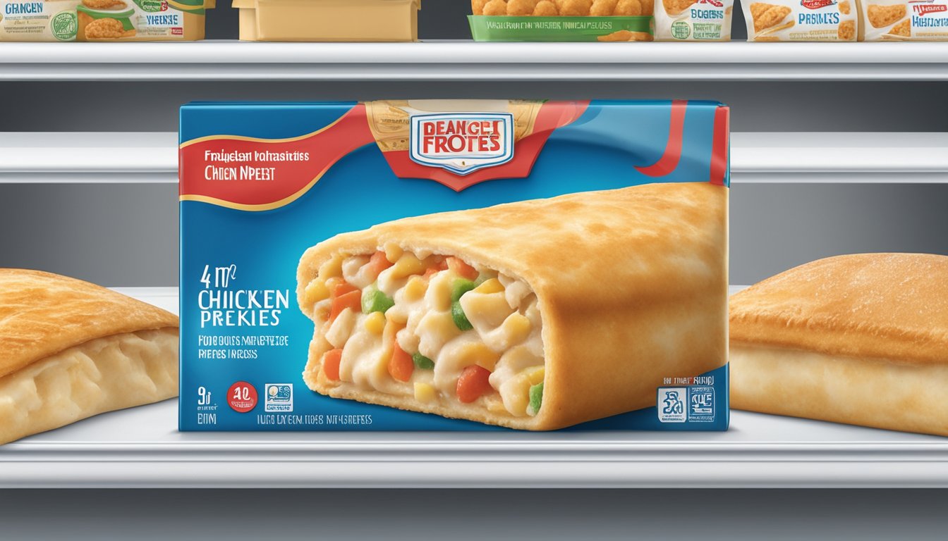 A package of chicken hot pockets sits on a shelf in a freezer, surrounded by other frozen foods. The packaging is intact and shows no signs of damage