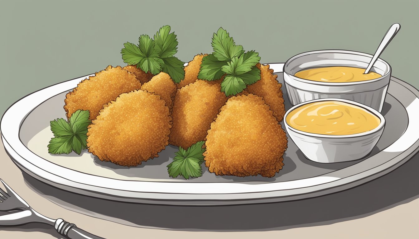 A plate of golden brown chicken kiev bites arranged on a serving platter, garnished with fresh herbs and a side of dipping sauce