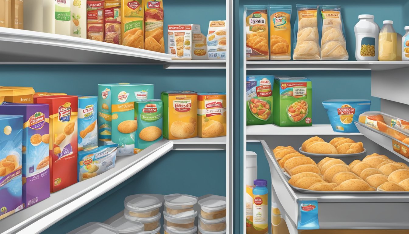 A kitchen pantry with shelves stocked with various frozen food items, including a box of chicken hot pockets