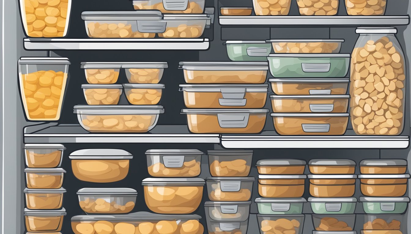 A refrigerator filled with neatly stacked, airtight containers of Chicken Marsala bowls, labeled with expiration dates