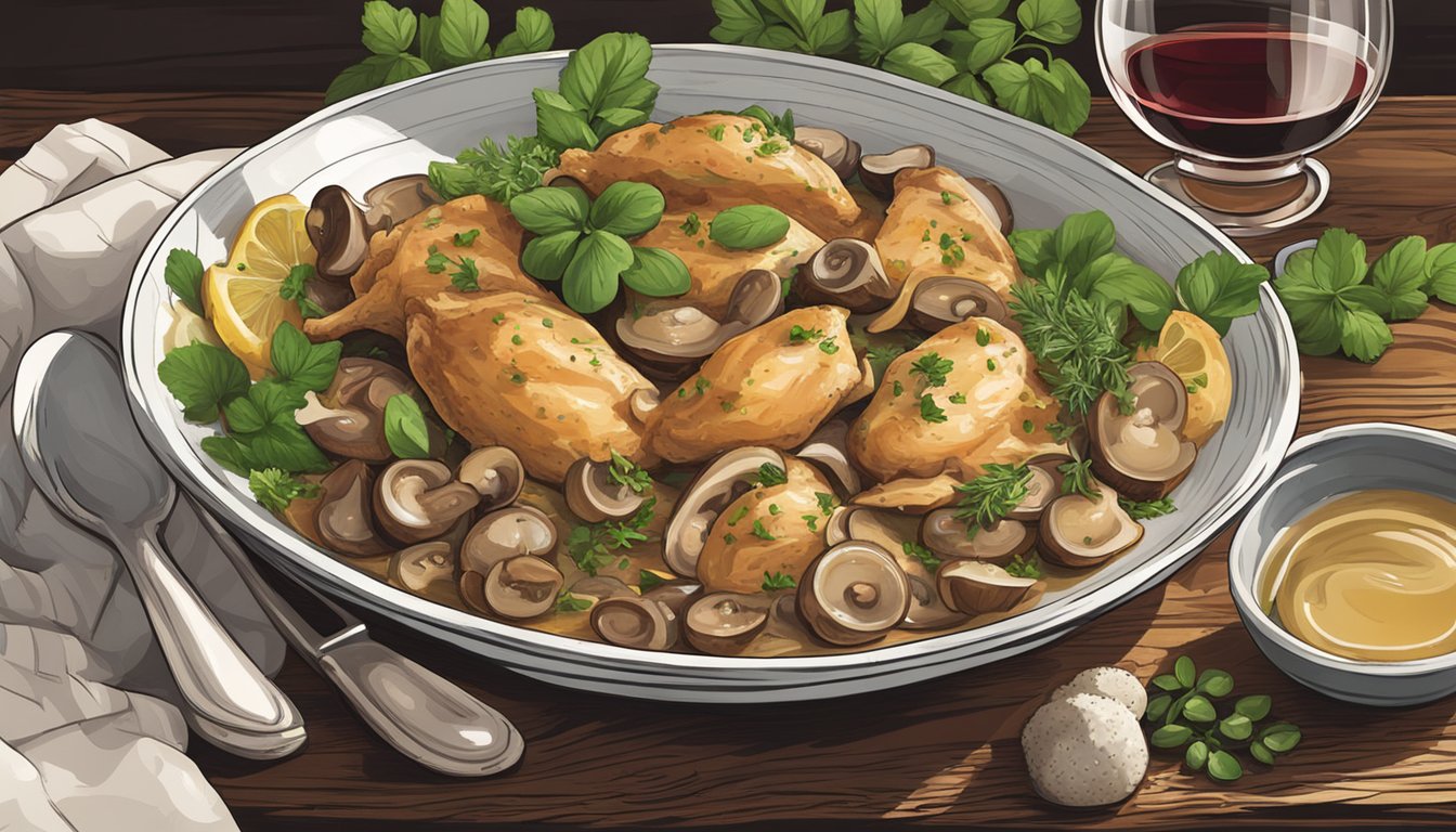 A bowl of Chicken Marsala sits on a rustic wooden table, surrounded by fresh herbs, mushrooms, and a glass of wine