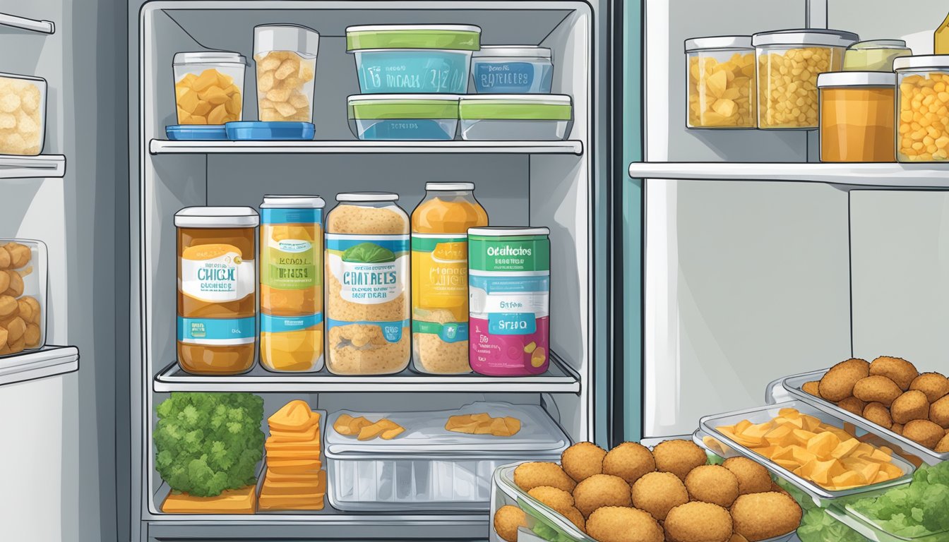 A refrigerator shelf with a container of chicken kiev bites, labeled with a "use by" date, surrounded by other food items