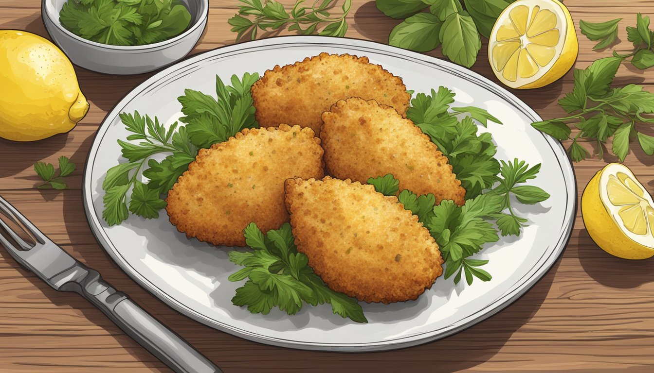 A plate of chicken kiev bites surrounded by fresh herbs and lemon slices on a wooden serving board