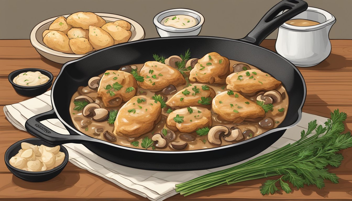 A sizzling skillet of Chicken Marsala, surrounded by mushrooms and herbs, with a rich, savory sauce bubbling around the tender bites of chicken