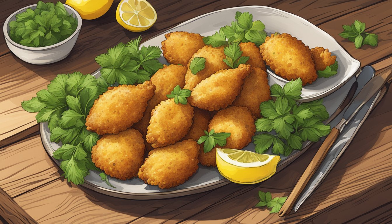 A platter of golden-brown chicken kiev bites, surrounded by fresh herbs and lemon wedges, sitting on a rustic wooden table