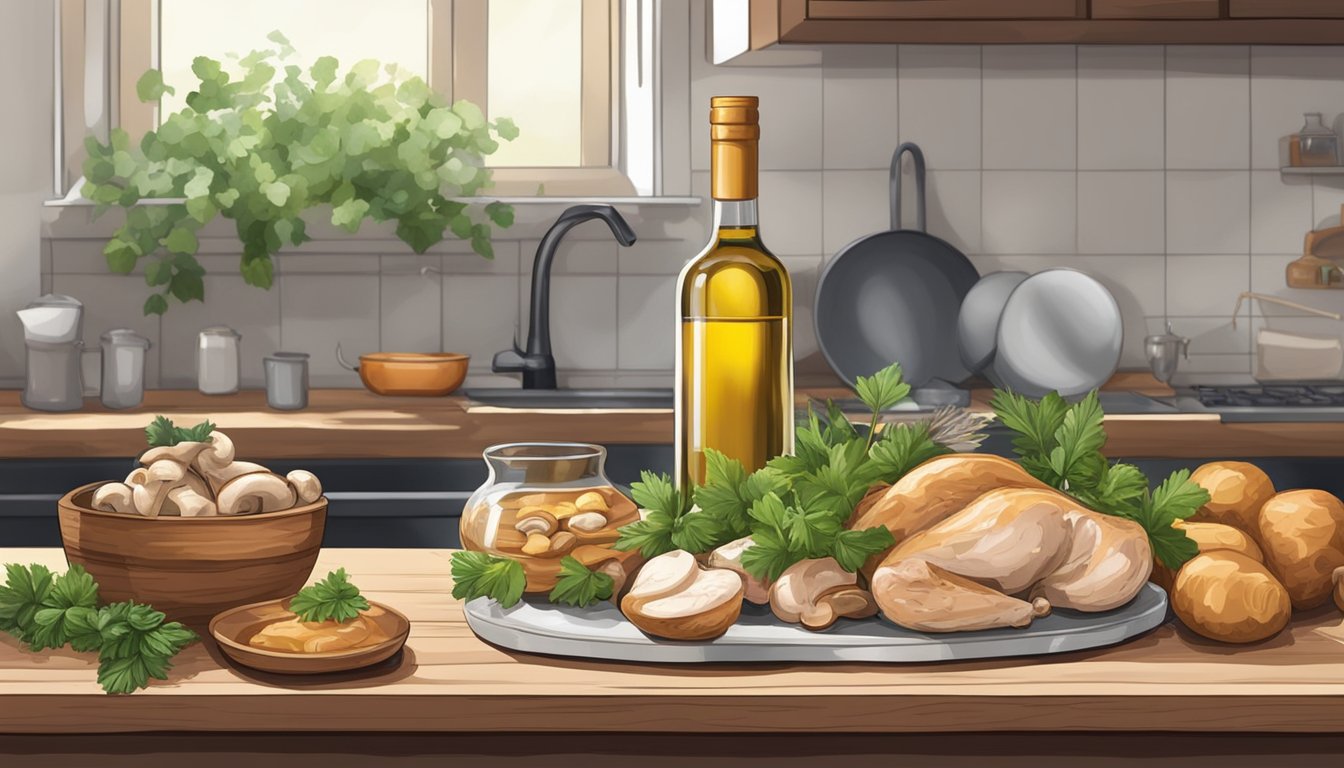 A kitchen counter with a bottle of Marsala wine, raw chicken, mushrooms, and herbs