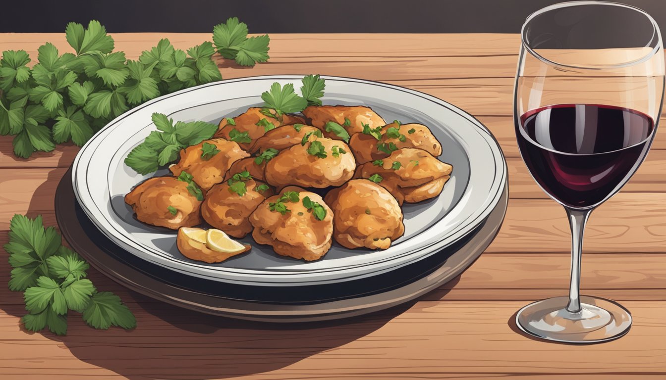 A plate of chicken marsala bites with a side of fresh herbs and a glass of red wine on a wooden table