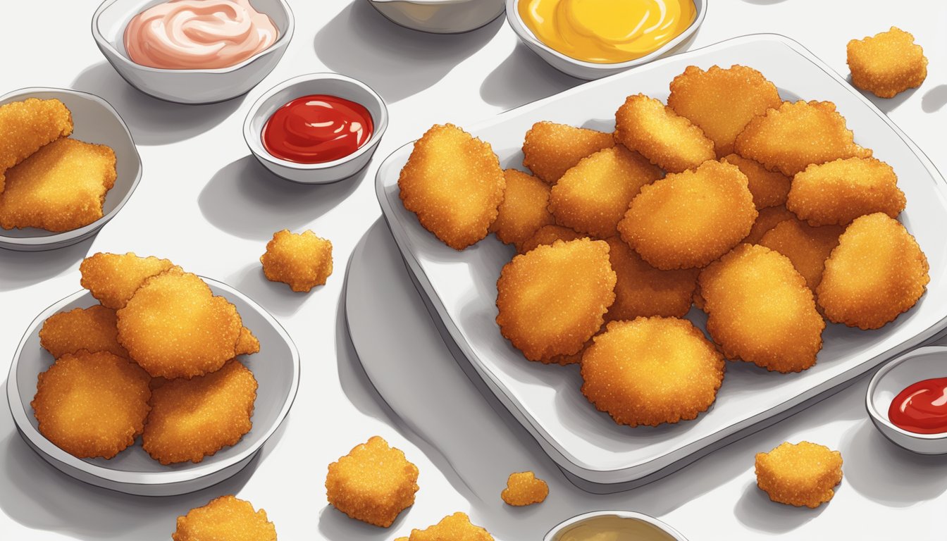 A plate of golden chicken nuggets sits on a white table, surrounded by ketchup and mustard. The nuggets are crispy and steaming, with a hint of steam rising from them