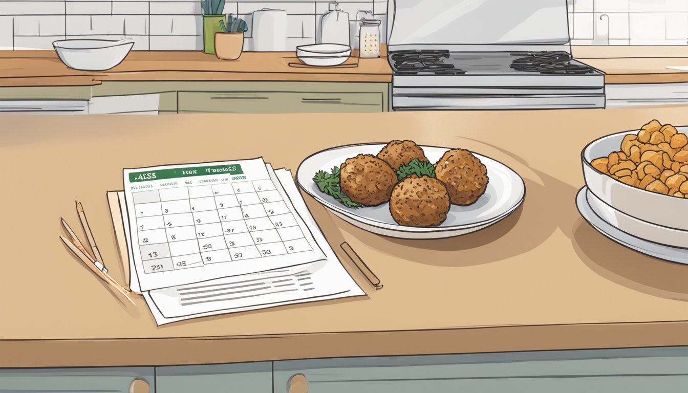 A package of chicken meatballs sits on a kitchen counter next to a calendar, with a "use by" date circled in red