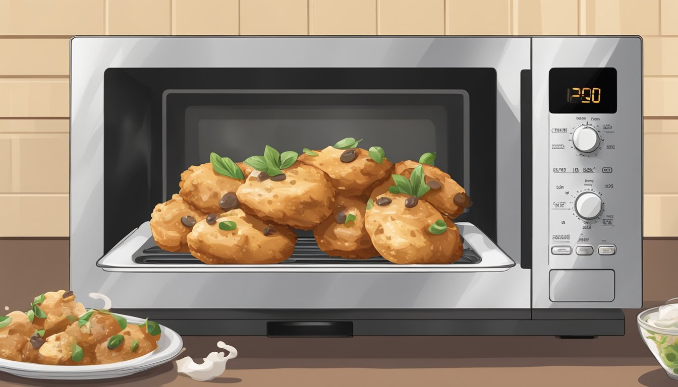 A plate of chicken marsala bites in a microwave, with the timer set and steam rising from the food