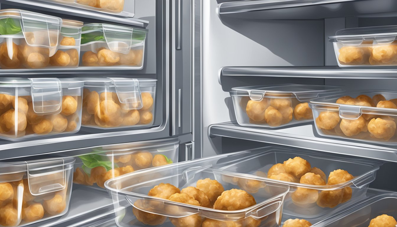 Airtight container with chicken meatballs, labeled with date, in fridge