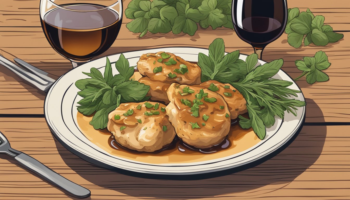 A plate of chicken marsala bites sits on a wooden table, surrounded by fresh herbs and a glass of wine. The warm colors and inviting presentation convey a sense of culinary success