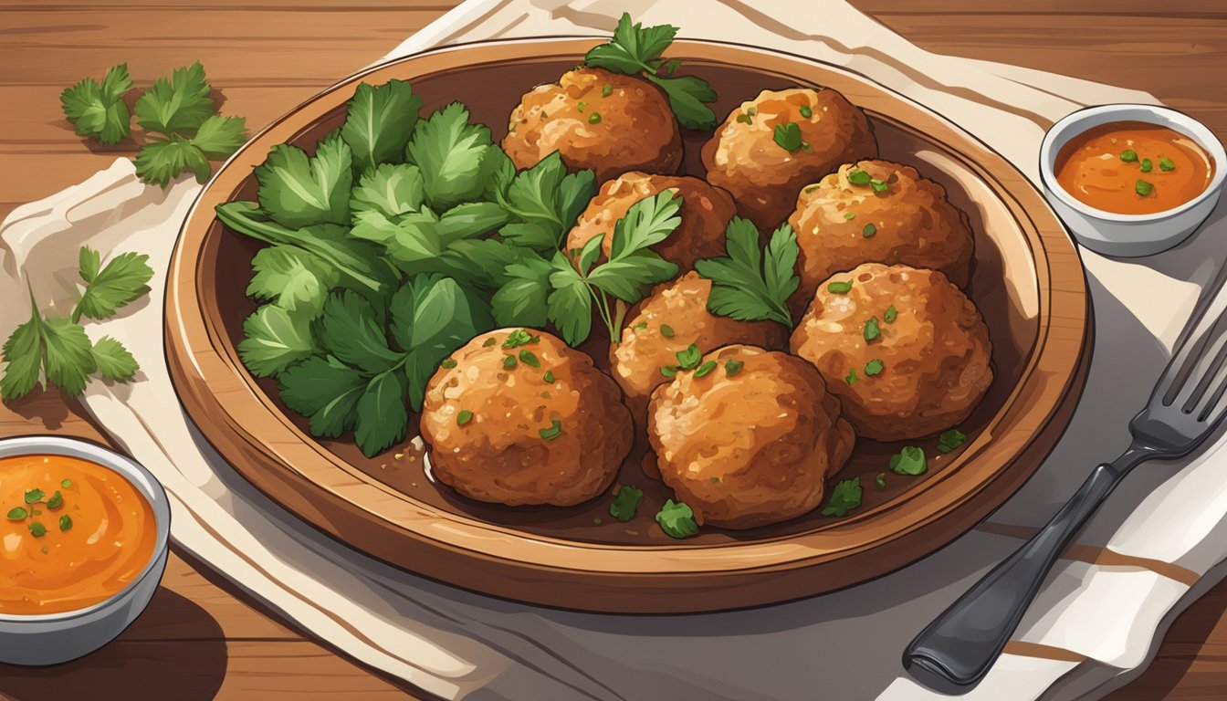 A plate of chicken meatballs sits on a wooden table, surrounded by fresh herbs and spices. The meatballs are perfectly browned and glistening with savory juices