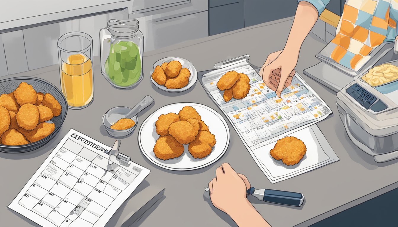 A plate of chicken nuggets sits on a kitchen counter, surrounded by a timer and a calendar, as a person checks the expiration date