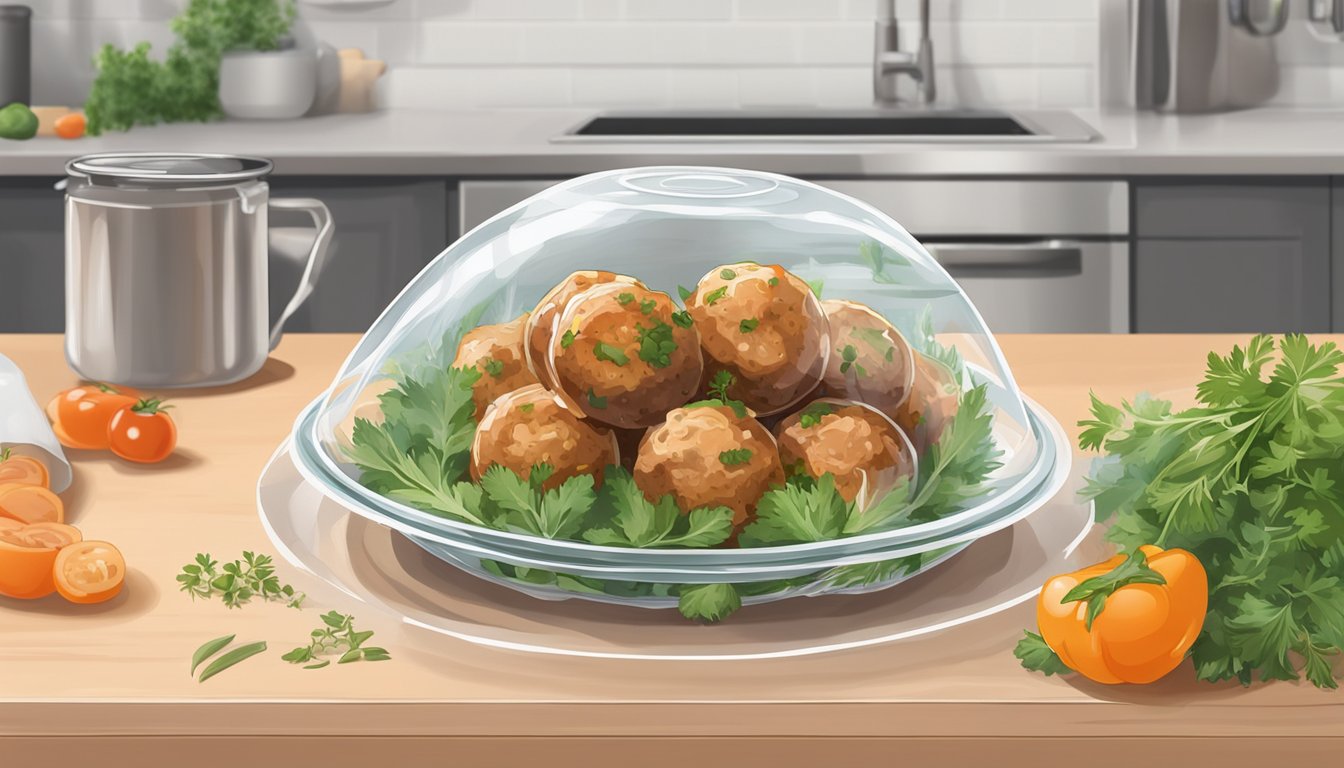 A plate of chicken meatballs sits on a kitchen counter, covered in a clear plastic wrap. The meatballs are surrounded by fresh herbs and vegetables